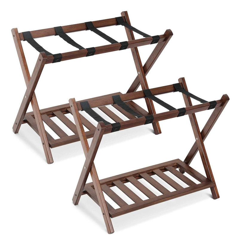 Porte-bagages pliable en bois avec tablette, Brun, Ensemble de 2