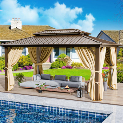 10x12 Hardtop Gazebo Aluminum Gazebos with Galvanized Steel Double Roof Metal Gazebo with Curtains and Netting Permanent Steel Gazebo for Backyard, Garden and Patio