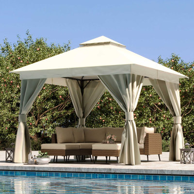 Pavillon de jardin blanc avec double toit Decksplore, moustiquaire et rideaux d'intimité, structure en métal robuste
