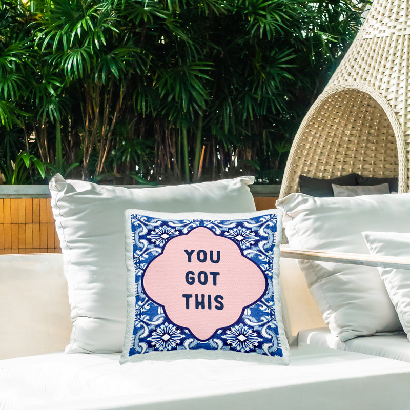 Coussin d'extérieur imprimé You Got This on Boho, par Lettred and Lined, Texte et chiffres bleus 1, Carré 18 po
