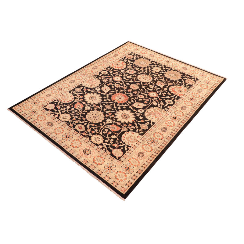 Tapis noir en laine noué à la main à motif floral 5 pi 10 po x 9 pi Baccio