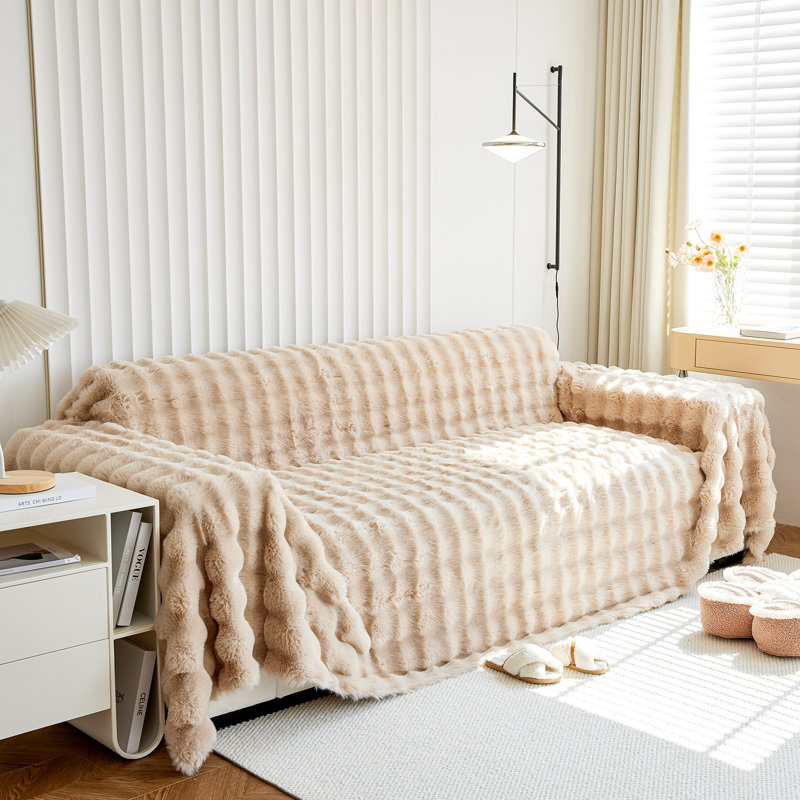 1-Piece Faux Fur Box Cushion Slipcover, Light Tan, 71" H x 118" W