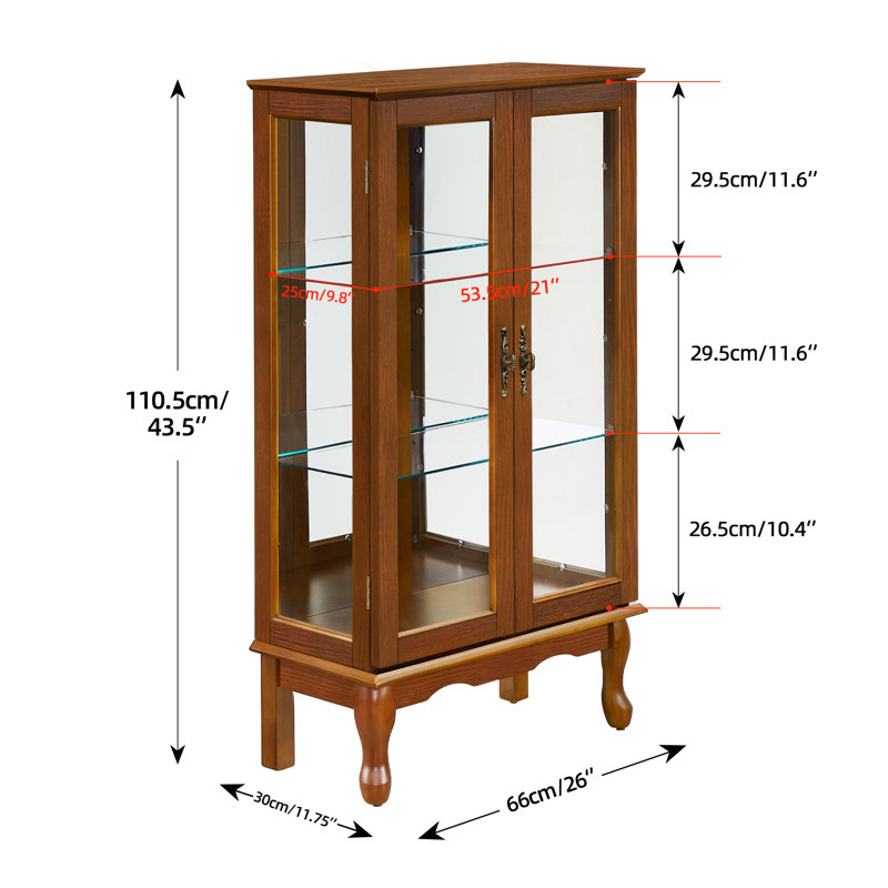 44'' H Lighted Retro China Cabinet, With 2 Tempered Glass Doors And 3-Tier Curio Cabinet Display Cabinet , Oak