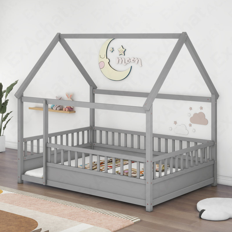 Full Size Floor Wooden Bed With House Roof Frame, Fence Guardrails,Grey, Gray, Full