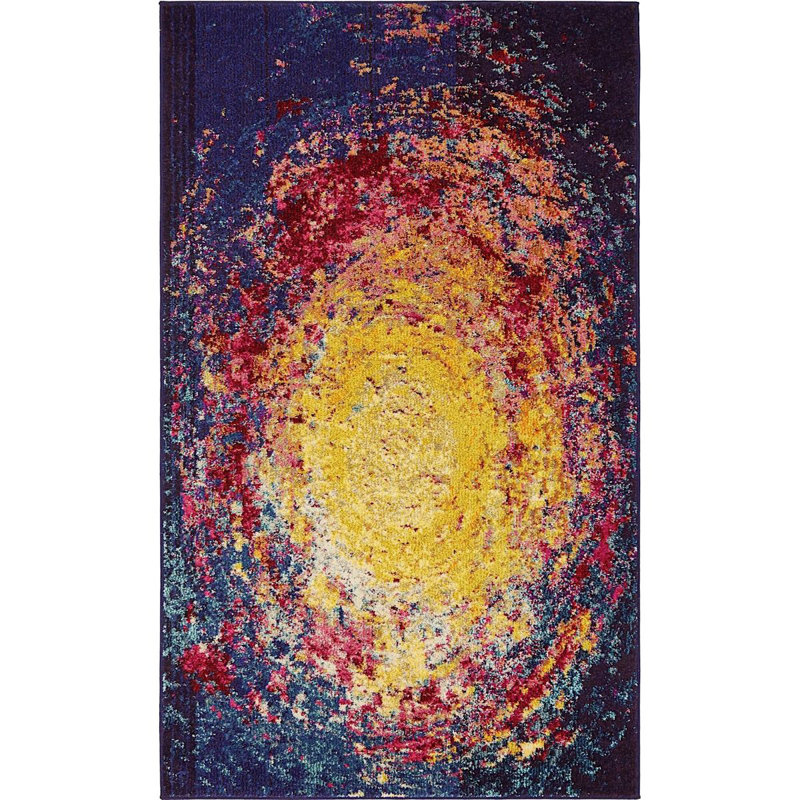 Tapis abstrait jaune / mauve Eddins, Rectangle 3 pi 3 po x 5 pi 3 po
