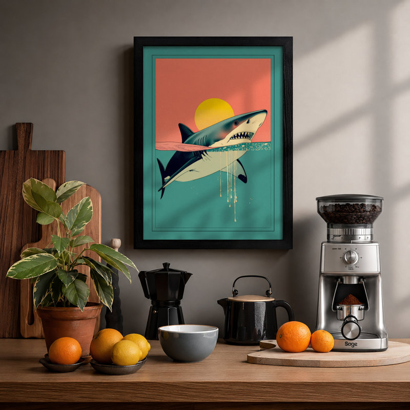 Shark at Sunrise Art Deco - Framed Print, A1 - 84.1 x 59.4 cm, Black