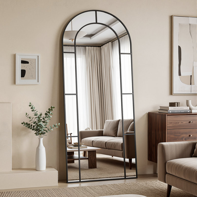 Full Length Mirror, Floor Mirror Arched Window Pane Decorative Mirror, Metal Framed Decor Farmhouse Floor Mirrors Art Pane Mirrors Wall Decor