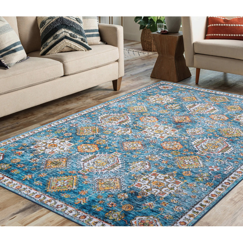 Tapis bleu lavable et antidérapant Lyanne, Rectangle 7 pi 10 po x 10 pi