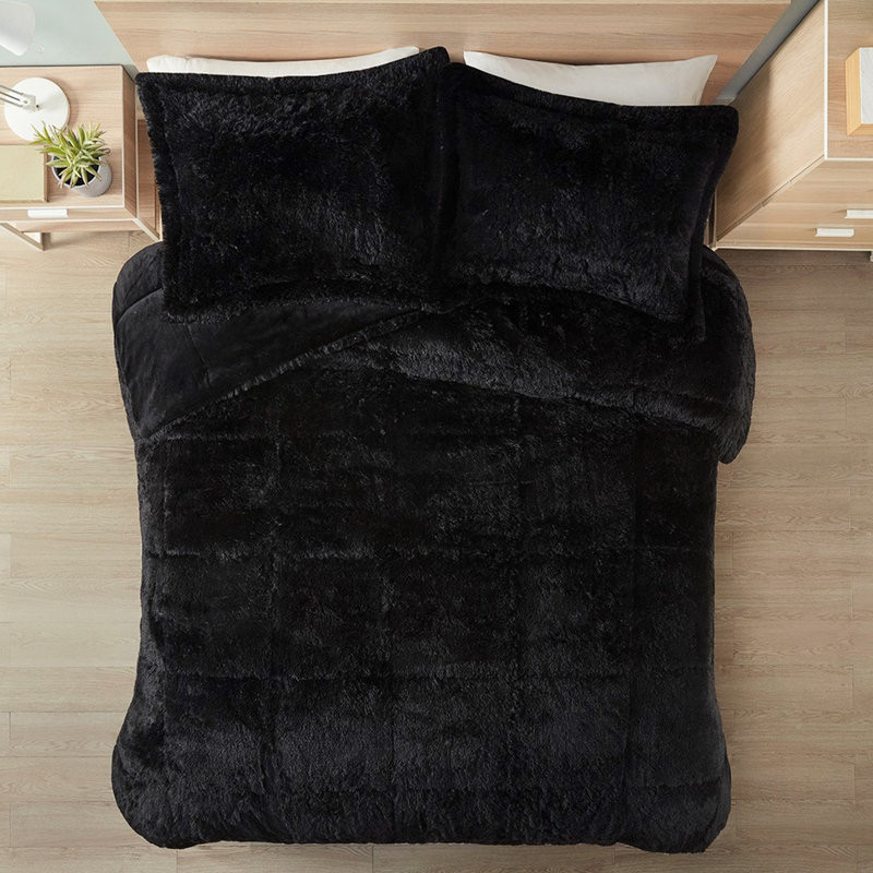 Édredon très grand / très grand pour la chambre à coucher - Fourrure longue à poils longs, mini fourrure noire, chaude et séduisante, avec revers doux inclus