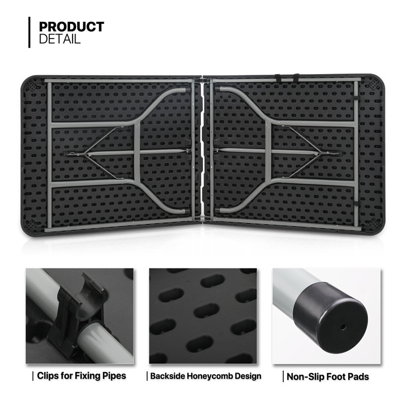 6ft Black Plastic Foldable Picnic Table with Steel Frame