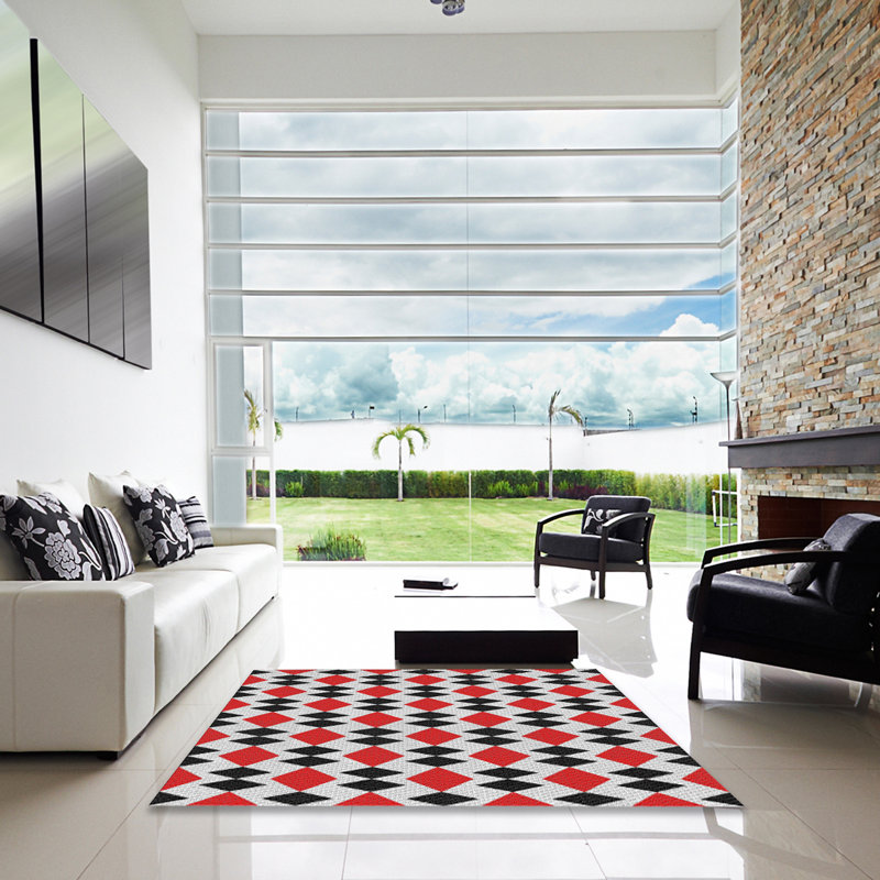 Tapis de zone rouge/noir à motifs, Carré 5 pi