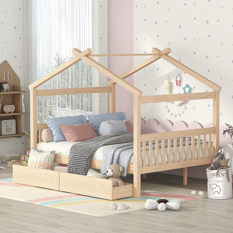Lit en bois avec tiroirs, Naturel