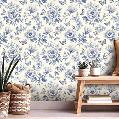 Papier peint auto-adhésif à motif de fleurs bleu botanique rétro auto-adhésif et amovible 17,7 po x 118 po (45 x 300 cm)