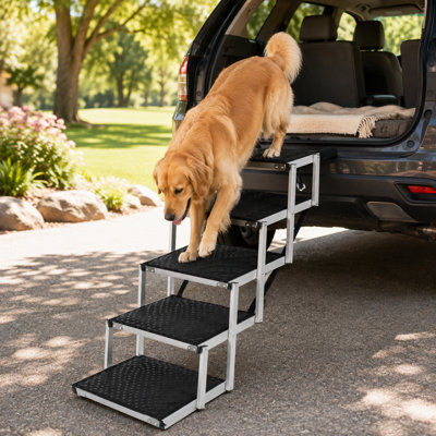 Escalier pliable pour chien en aluminium noir et argent à cinq marches avec marches antidérapantes, capacité de 113 kg, réglable, portable, sans assemblage, pour grands chiens, VUS, camions, lits hauts et canapés.