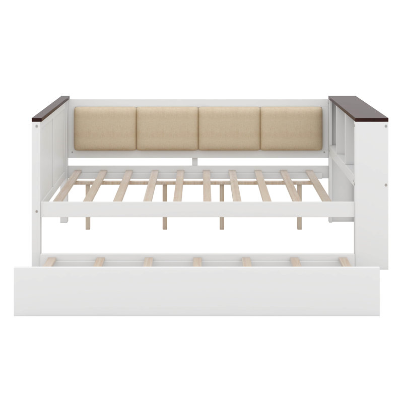 Full Size Wood Farmhouse Daybed With Storage Shelves, Day Bed Frame With Upholstered Backrest, USB And Trundle, Full
