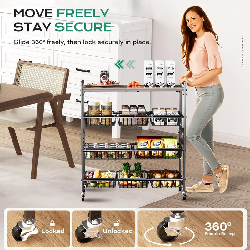 4-Tier Kitchen Utility Cart With Wood Top, Storage Cart With 8 Baskets And Handle, Metal Rolling Pantry Organizer On Wheels For Fruits And Vegetables
