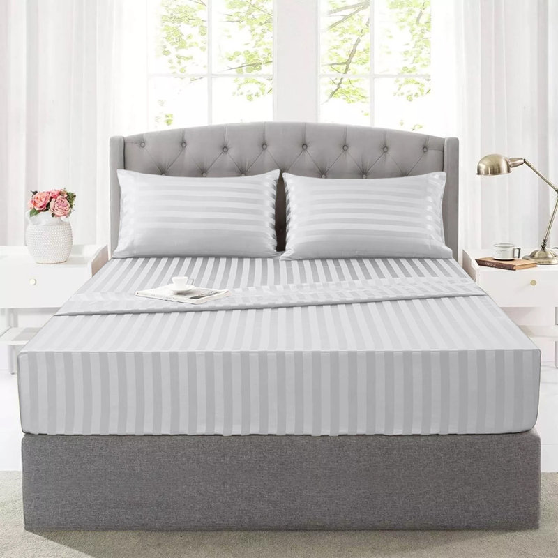 Aspire Homeware Luxury 40cm Deep Striped Fitted Sheet for Hotel Style Bedroom Comfort, Double (4'6), White