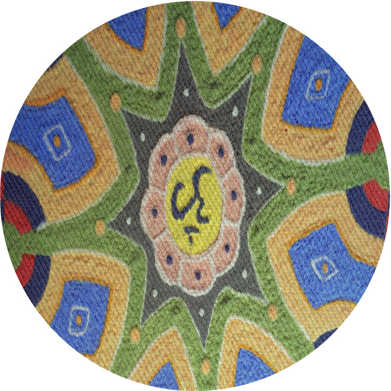 Tapis vert/bleu/jaune tissé à la machine, Rond 6 pi