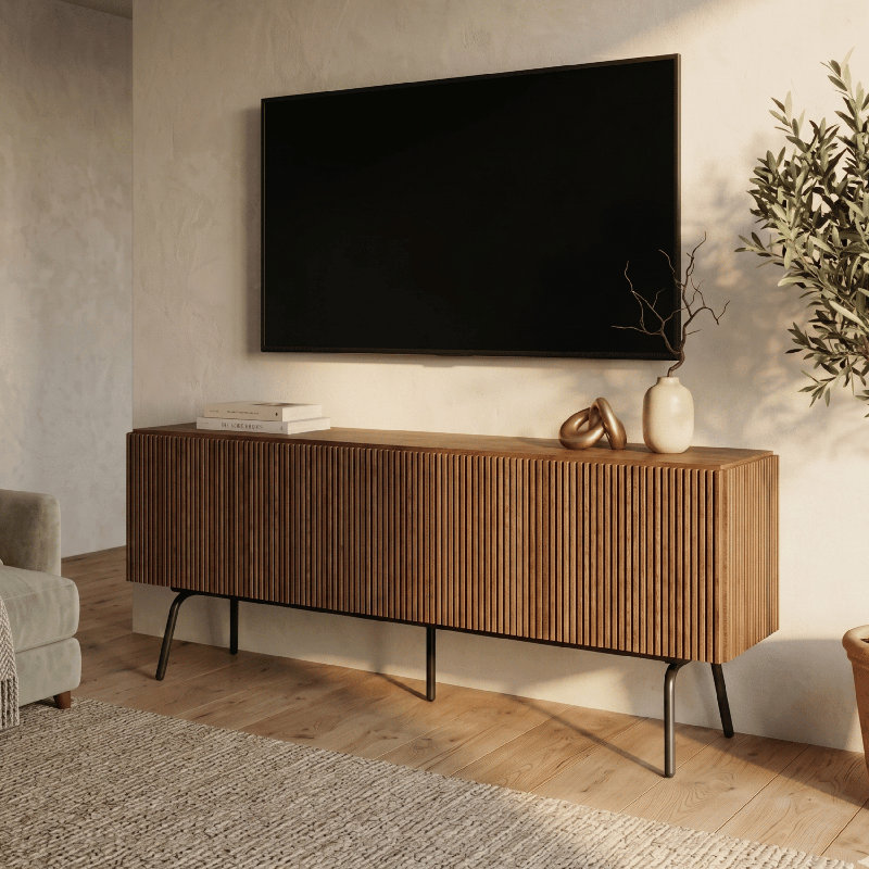 NTC Veil TV Stand with 3 Doors for TVs up to 60’’, Media Console with Vertical Groove Design and Metal Legs, Modern Entertainment Center for Living Room and Bedroom, Effortless Assembly