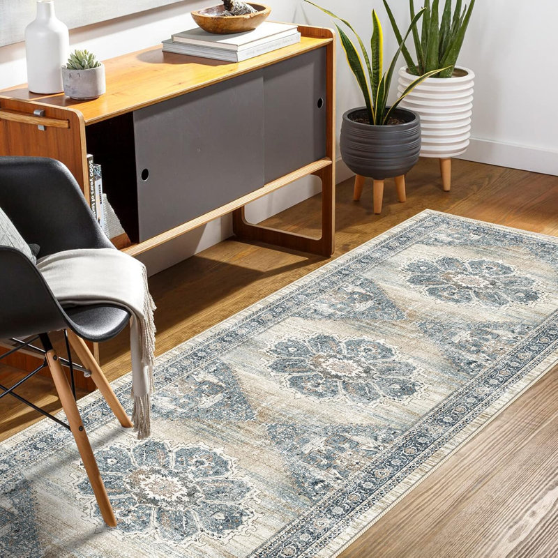 Area Rugs Washable Non-Slip Boho Rug Stain Resistant Rugs for Living Room Dining Room Bedroom Low-Pile and Ultra Soft Area Rug (Blue)