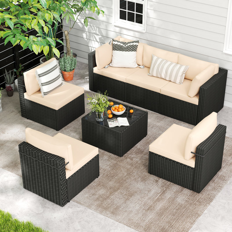 Ensemble de conversation modulaire en rotin 7 pièces avec coussins Arwynn, Beige, Noir