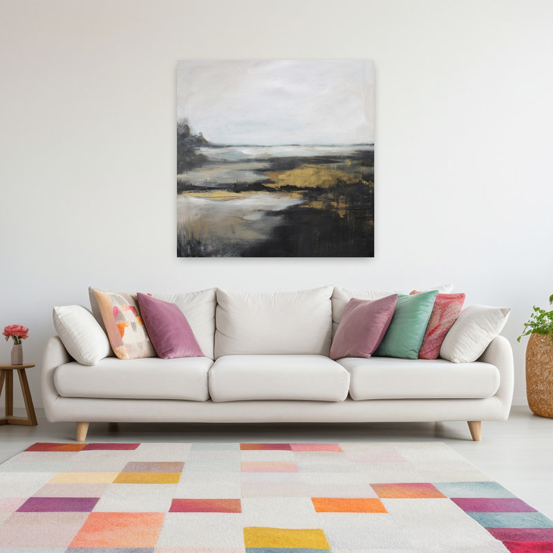 «Golden Marsh Horizon», art contemporain contemporain de paysage côtier abstrait, H 48 po x l 48 po