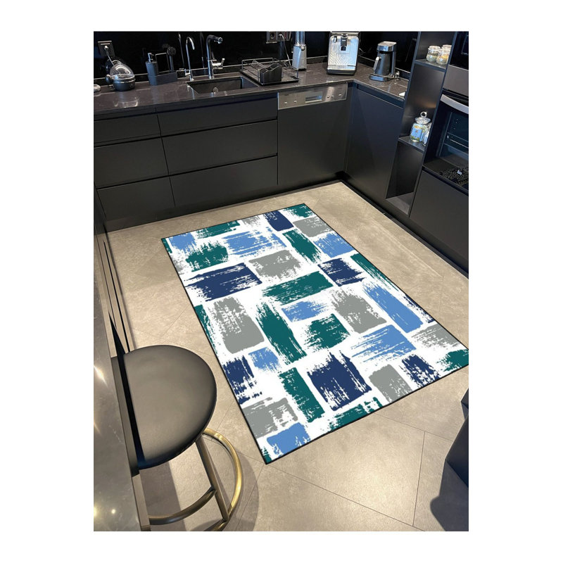 Tapis bleu lavable à motif tissé vert, Sous-tapis carré 3 pi 3 po inclus