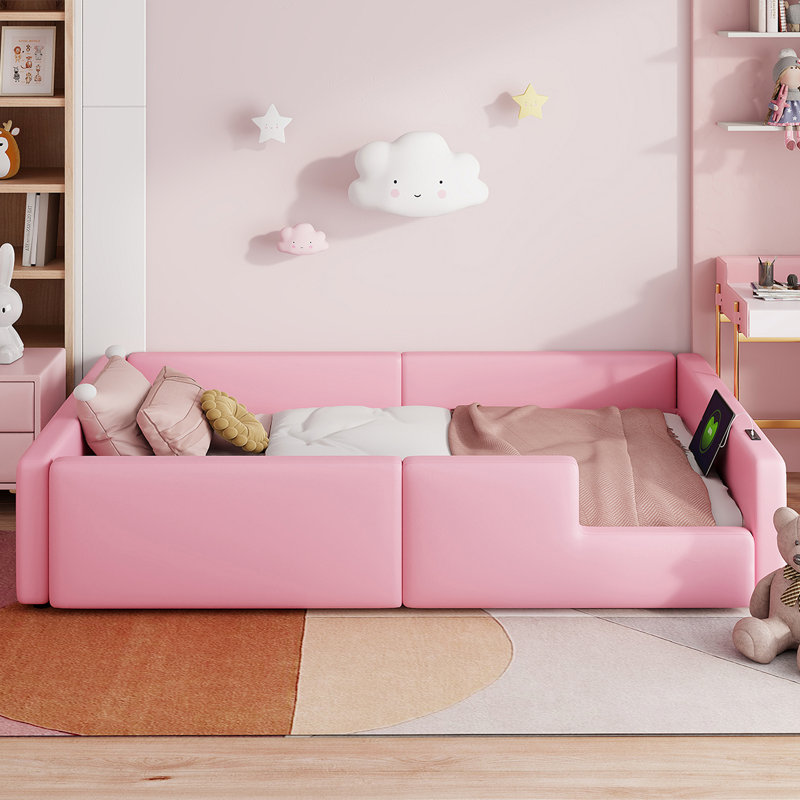 Lit plateforme simple rose rembourré avec garde-corps et support souple de type C, confortable pour la lecture au lit, fiable
