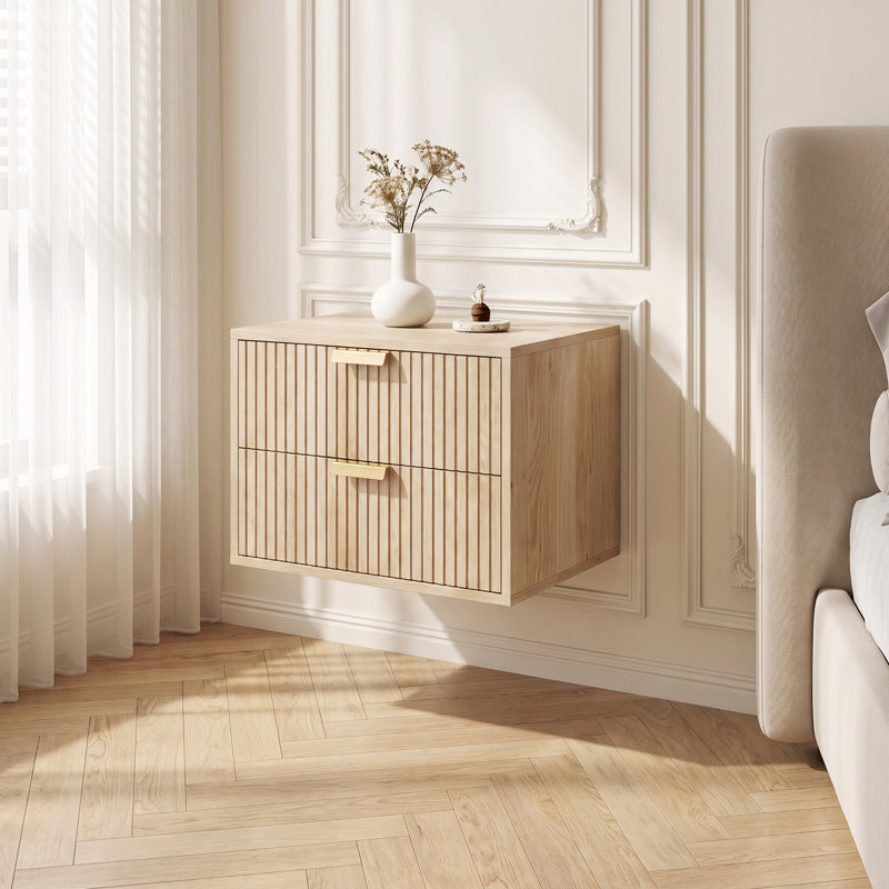 Modern Floating Nightstands Set of 2 Wall-Mounted Bedside Tables White Ribbed 2-Drawer 40x30x27.6cm No Legs, Oak