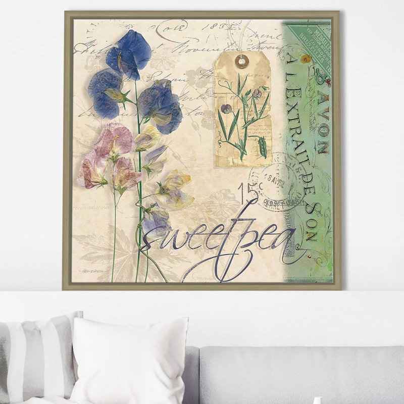 «Sweet Pea (Square)» par Carol Robinson, reproduction, H 21,5 po x l 21,5 po x P 2 po, Cadre flottant champagne