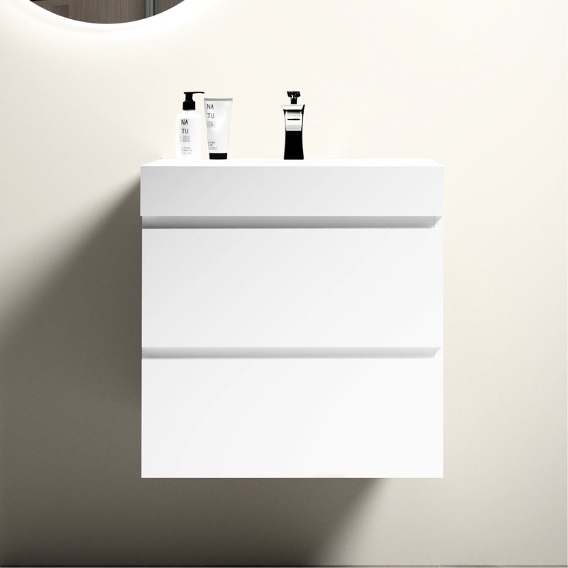 Meuble-lavabo moderne 24 po, blanc avec tiroirs silencieux, 20% plus de rangement, poignée élégante, sans robinet ni bonde 24 po
