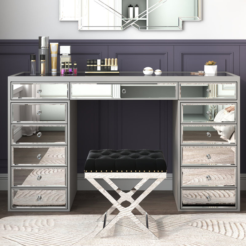 Ninian Vanity Dressing Table with 13-Drawers Glass top 130cm Wide, Gray/Silver