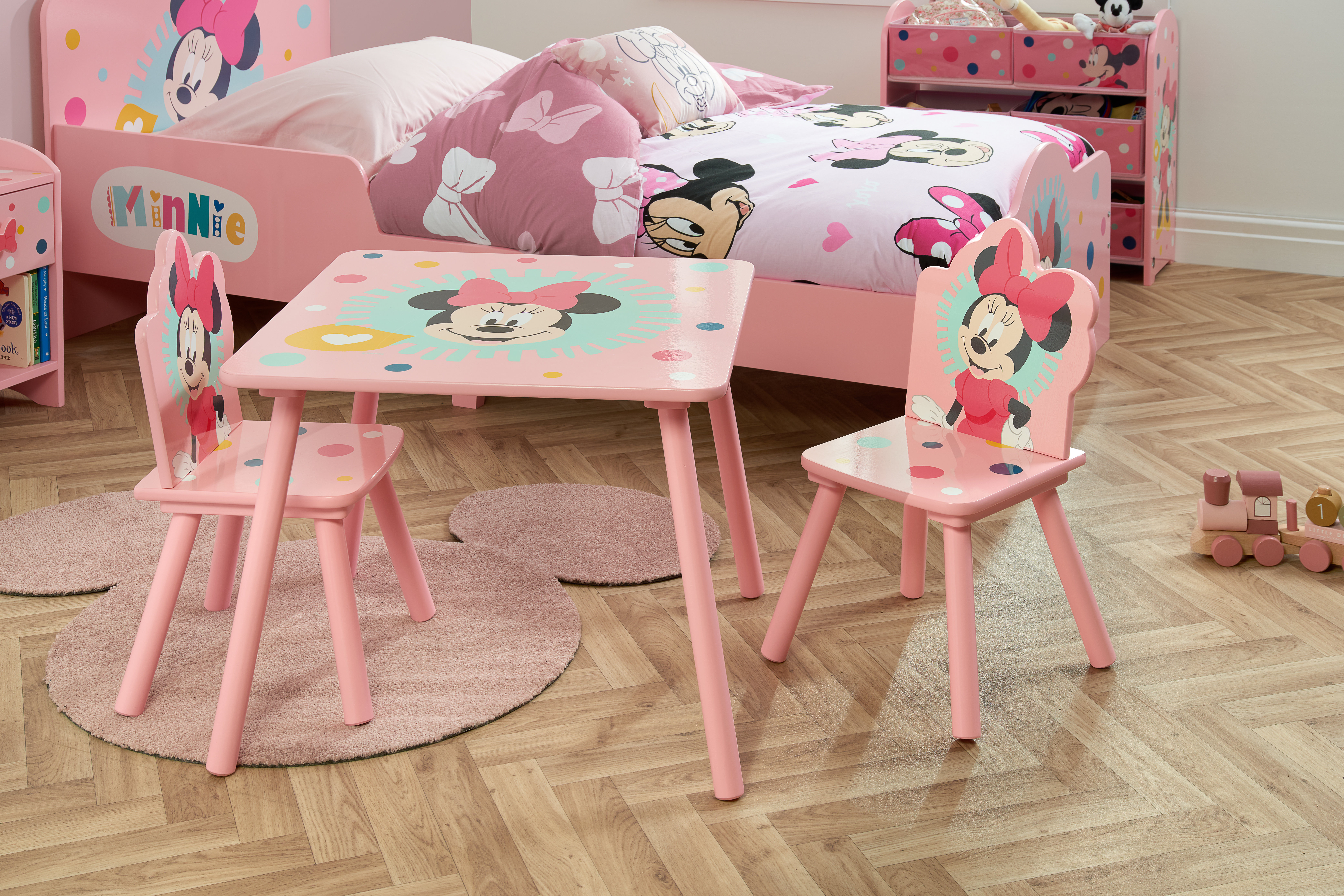 Disney Minnie Maus Kindertisch mit Stühlen 3-tlg. Kindersitzgruppe aus Holz  rosa