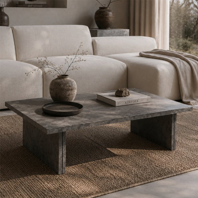 Modern Faux Concrete Coffee Table, Minimalist Rectangle Stone Look Center Table, Faux Slate Gray Cocktail Table with Slab Legs for Wabi-Sabi & Organic Modern Living Room