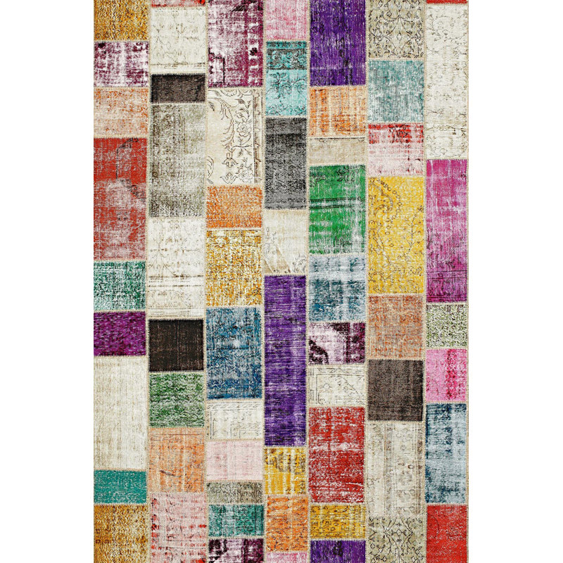 Riebe Patchwork Machine Made Flatweave Polyester Area Rug in Gray/Green/Purple, Rectangle 5'3" x 7'7"