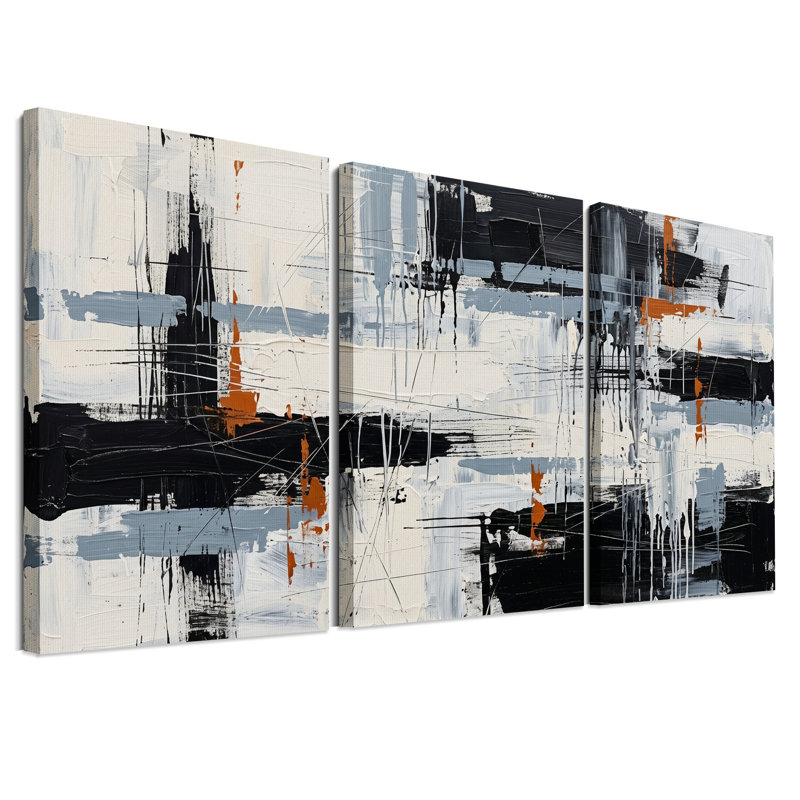 Ensemble de 3 toiles abstraites à coups de pinceau noirs, blancs et orange, 24"H x 16"W x 3pcs