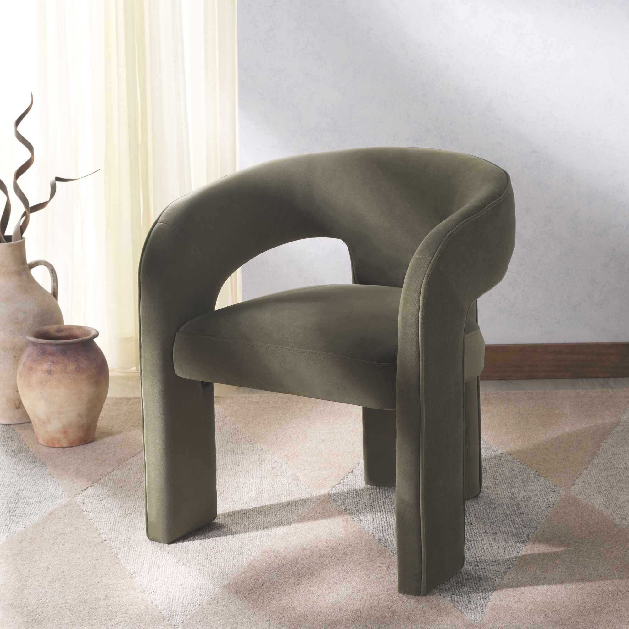 Meline Velvet Low Back Arm Chair, Olive Green