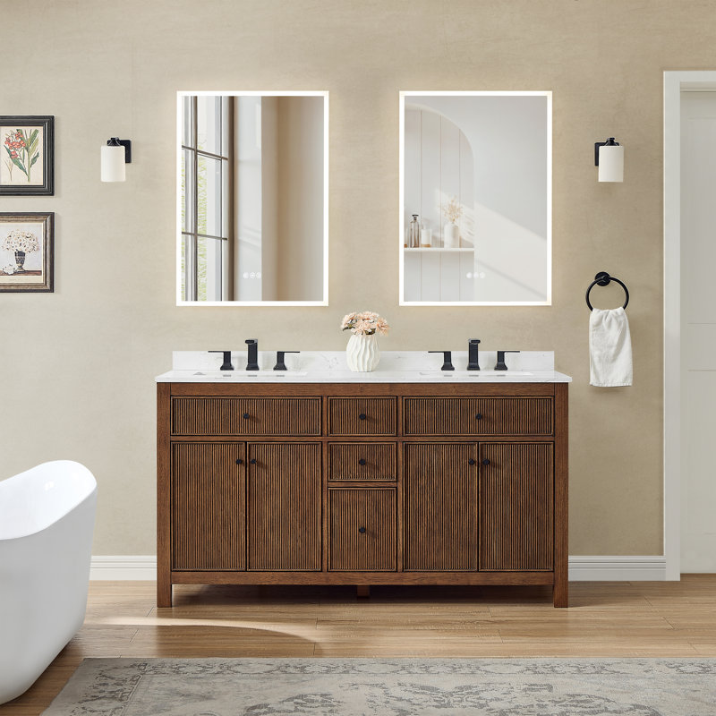 Pendry 60" Freestanding Double Bathroom Vanity with Top, Dark Walnut, Matte Black, Giotto Quartz