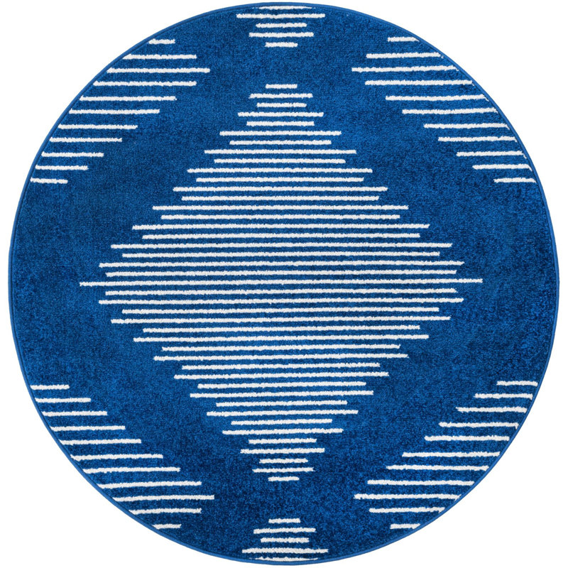 Tapis géométrique bleu marine en polypropylène tissé à la machine, Rond 4 pi