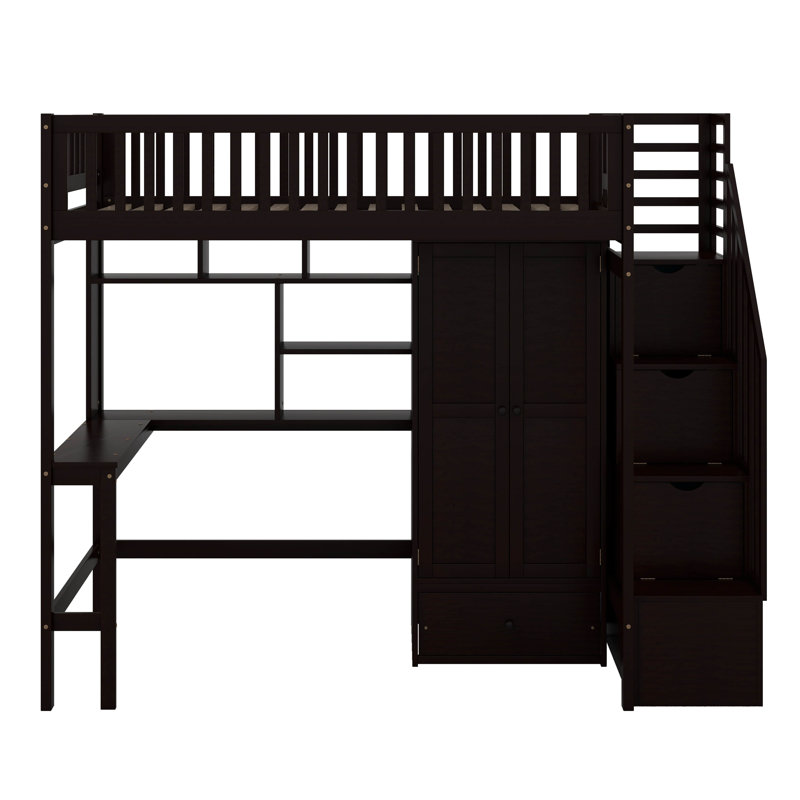Lit mezzanine simple avec bibliothèque, tiroirs, bureau et garde-robe, Espresso