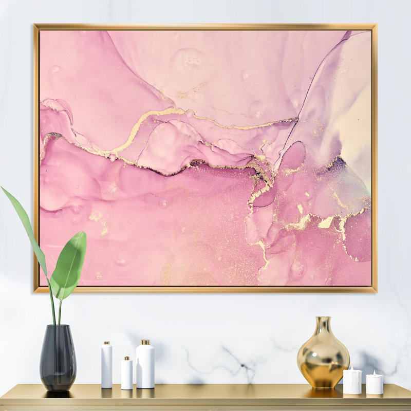«Pink Marble Waves II», peinture sur toile, Cadre flottant doré, H 24 po x l 32 po x P 1 po