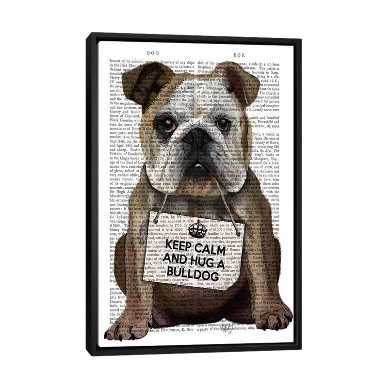 «Hug a Bulldog», impression sur toile, H 26 po x l 18 po x P 1,5 po, Toile avec cadre noir, Pas de tapis