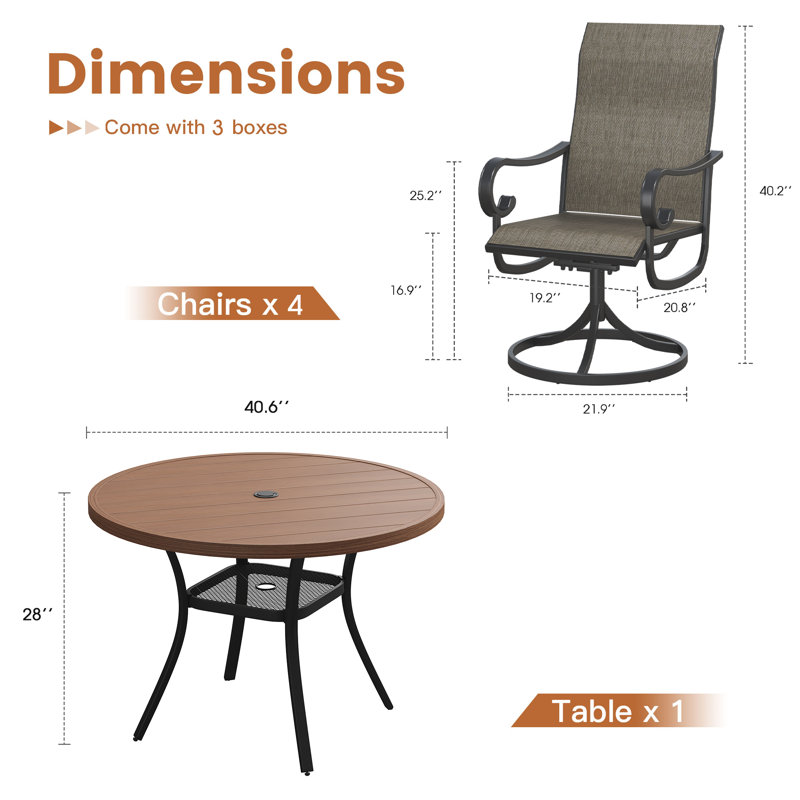 Outdoor Patio Dining Set - 41.7” Round Table with Umbrella Hole & Storage Shelf + 4 Swivel Chairs, Brush Wood Brown/Brown