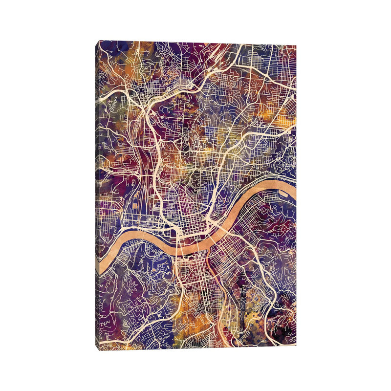 Cincinnati Ohio City Map II by Michael Tompsett - Wrapped Canvas Gallery-Wrapped Canvas Giclée, 20.32 cm H x 30.48 cm W