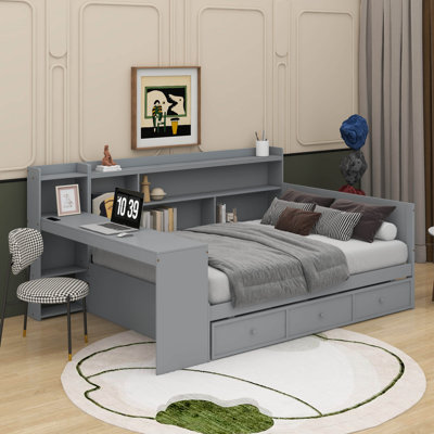 Full Size Wooden Daybed With Drawers, USB Ports And Desk
