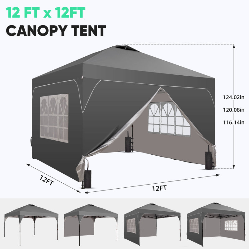 12 Ft X 12 Ft One-Push Set Up Canopy Tents With Sidewalls And Sandbags, Gray