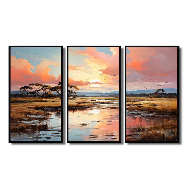 Pink Sunset Over Marsh Wetlands - Lake Wall Art Decor Set, 28" H x 36" W x 1" D, Black Floater Framed