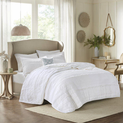 Courtepointe réversible en microfibre réversible 4 pièces très grand / très grand - blanc prélavé, volant de coussin, housse 100%