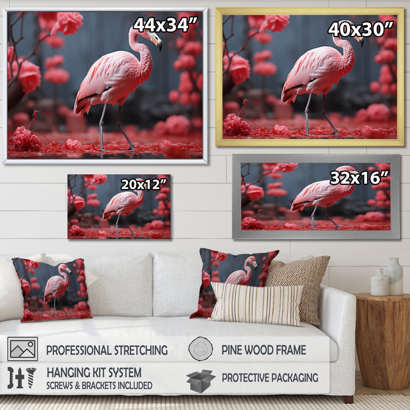 Flamant rose élégant - imprimé, H 16 po x l 32 po x P 1 po, Cadre simple argenté