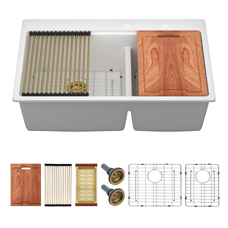 Évier de cuisine en granite 33 po x l 22 po à double cuve encastrée en quartz avec accessoires, Blanc